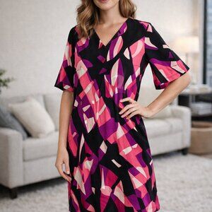 Trina Turk Womens Retro Bonita‎ Shift Dress 8 Black Purple Silk Bell Sleeve 70s